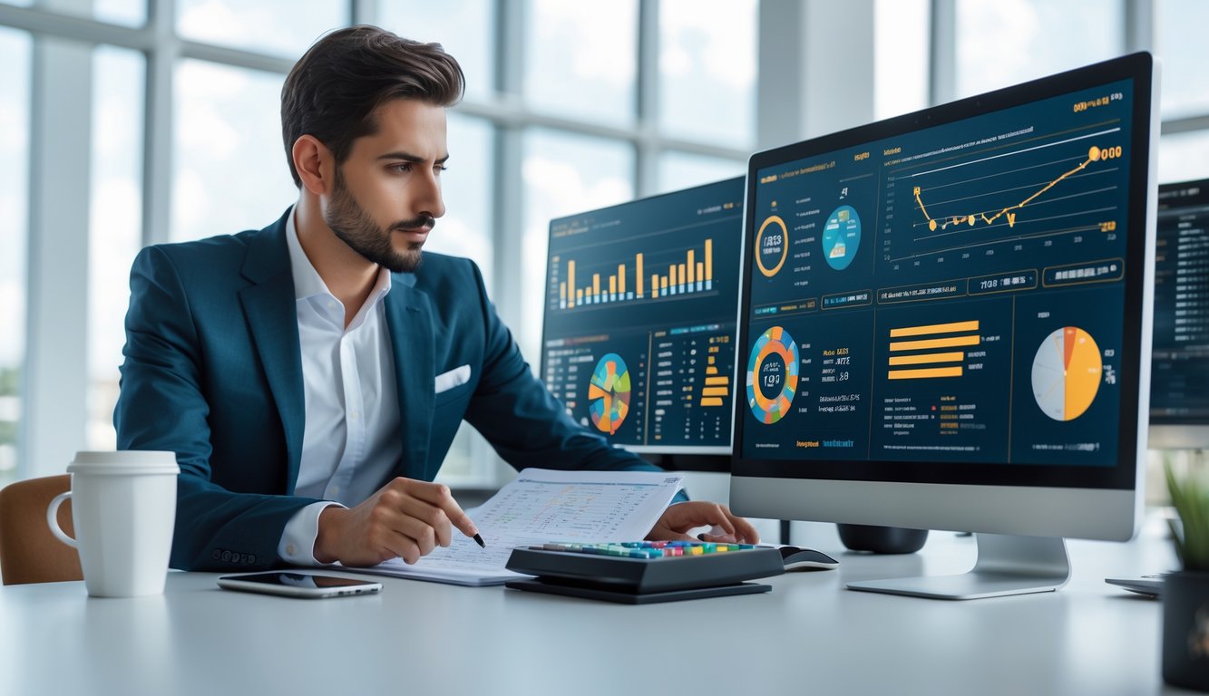 Seorang profesional sedang menganalisis data statistik dan grafik pada layar komputer di ruang kantor modern.