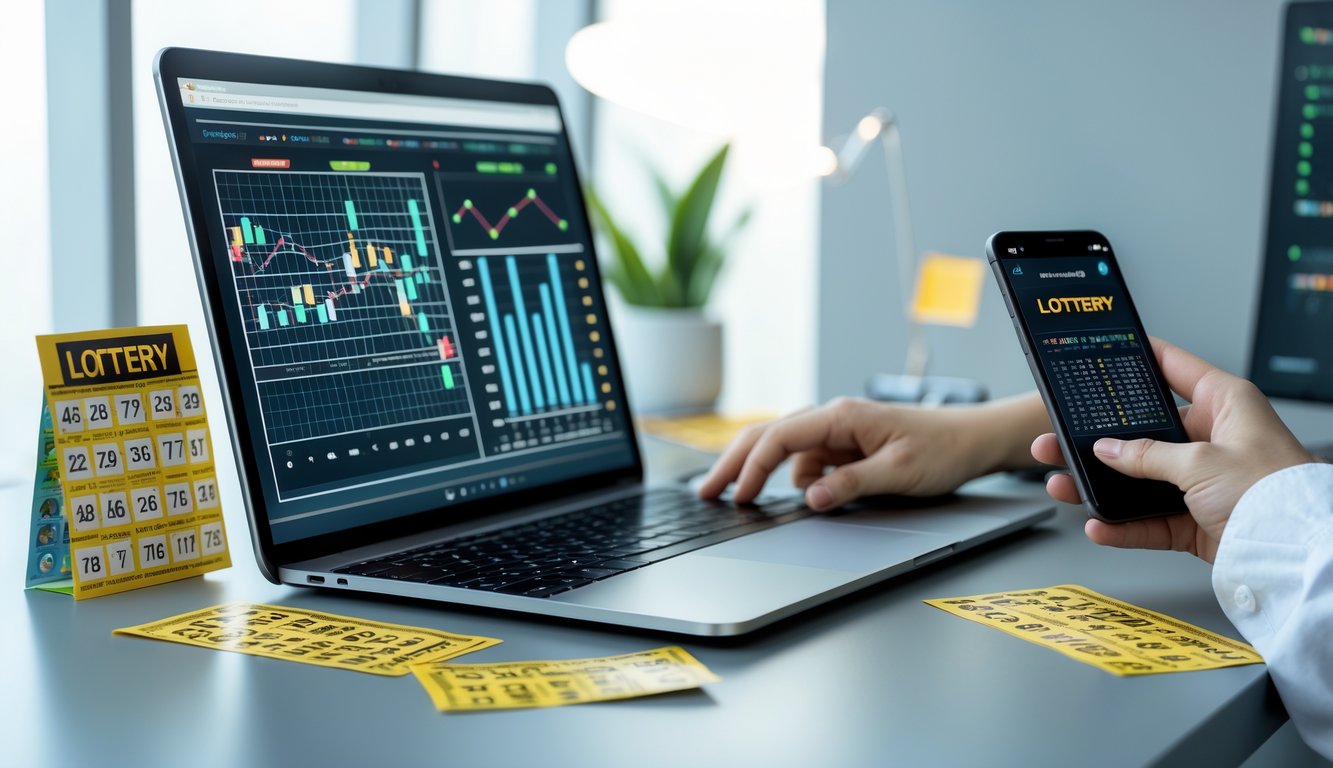 Seseorang sedang menganalisis data togel di laptop dengan tiket dan ponsel di meja kerja.