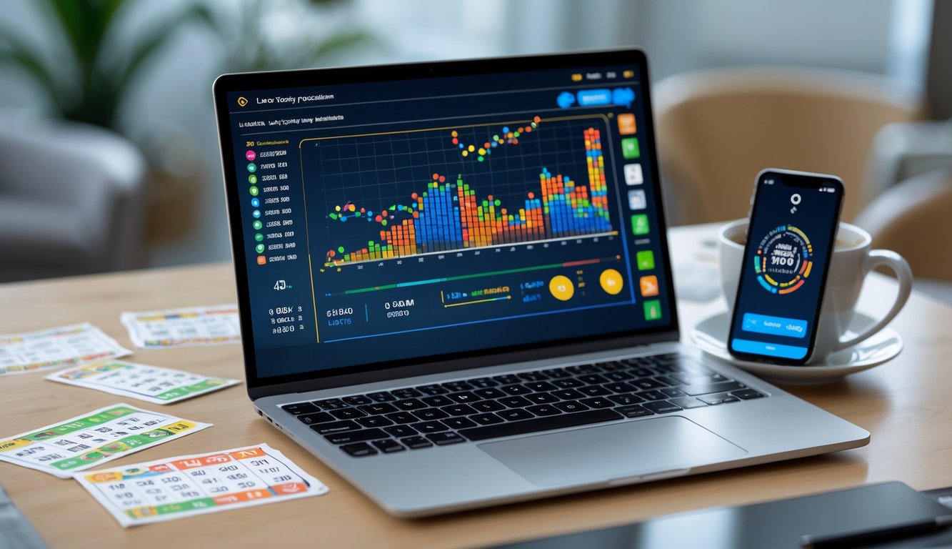 Meja kerja dengan laptop yang menampilkan antarmuka prediksi togel, tiket togel, dan ponsel dengan aplikasi togel, suasana fokus dan analisis.