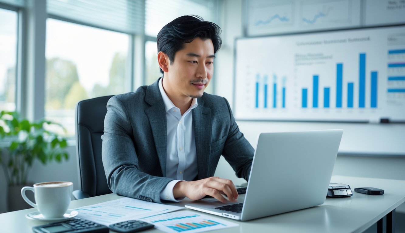 Seorang pria Asia duduk di meja kantor dengan laptop, menganalisis data dengan fokus di ruangan terang.