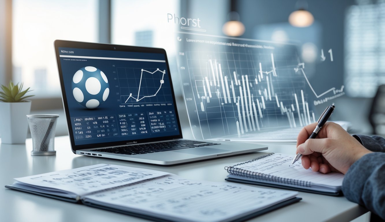 Seorang profesional sedang menganalisis data angka di depan laptop di ruang kerja yang terang dan rapi.