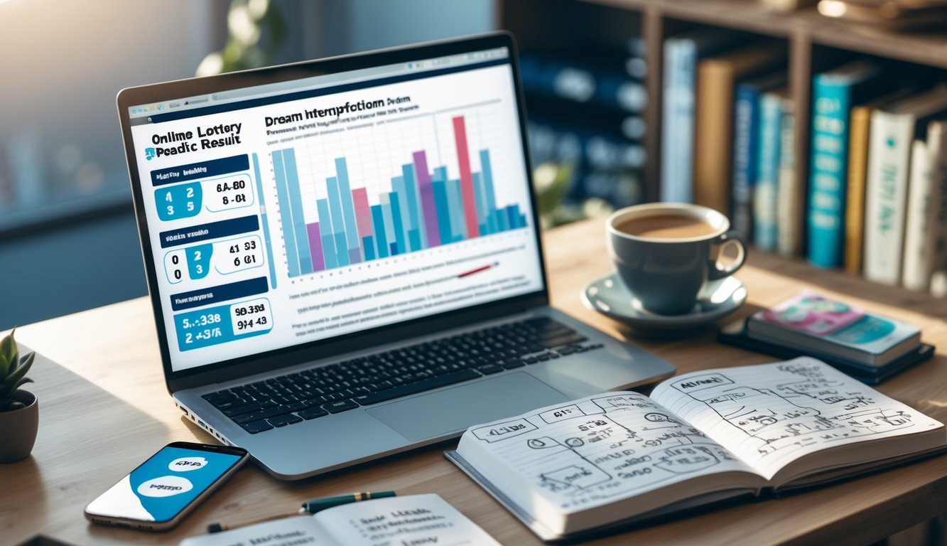 Meja kerja dengan laptop, buku catatan, dan ponsel yang menampilkan data dan catatan terkait prediksi togel berdasarkan tafsir mimpi dan hasil terakhir.
