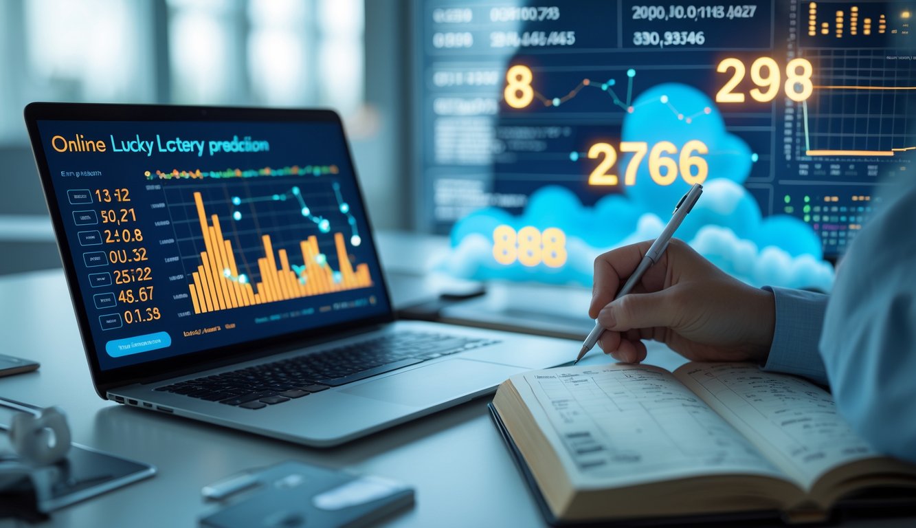 Seseorang sedang menganalisis data togel dan buku mimpi di depan laptop dengan grafik dan angka di layar.