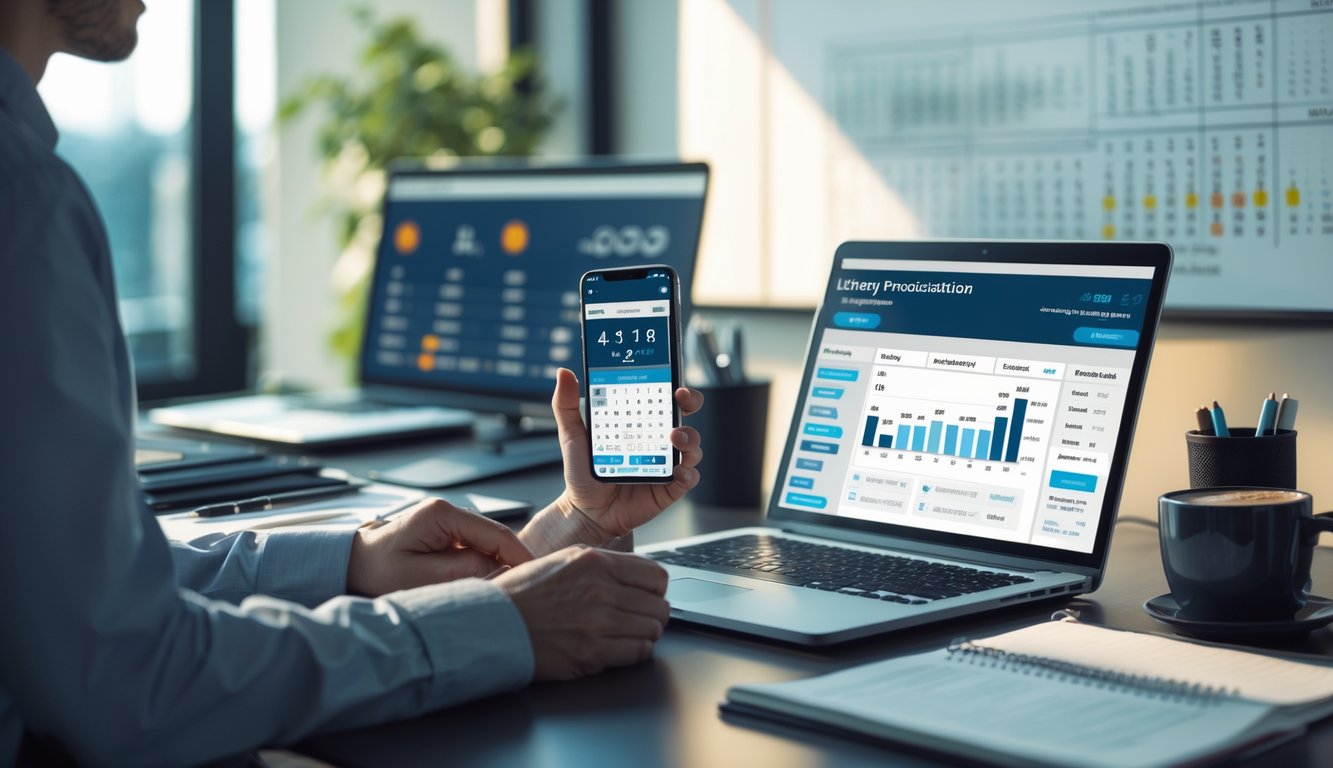 Meja kerja modern dengan laptop, ponsel, dan alat tulis yang menampilkan analisis angka dan pola togel.