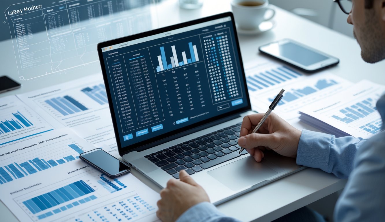 Seseorang sedang menganalisis data angka dan pola pada laptop dan kertas di meja kerja yang rapi.