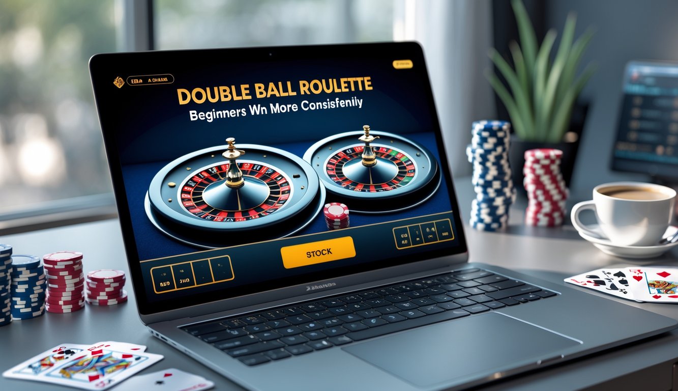 Sebuah komputer menampilkan permainan roulette bola ganda dengan dua bola berputar di roda roulette, di meja kerja yang rapi dengan chip poker dan kartu remi.