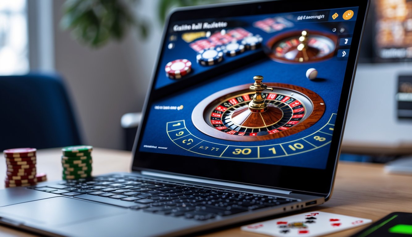 Sebuah meja kerja dengan komputer menampilkan permainan Double Ball Roulette online dengan dua bola berputar di roda roulette.