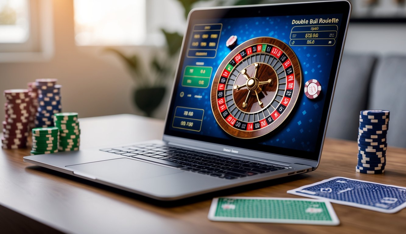 Seorang pemain menggunakan laptop dengan permainan double ball roulette online yang terlihat di layar, di atas meja kayu dengan beberapa chip poker di sampingnya.
