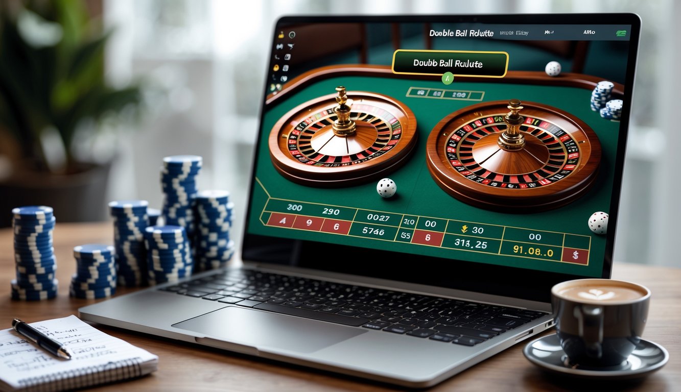 Seorang pemain duduk di depan laptop yang menampilkan permainan Double Ball Roulette online dengan dua bola terlihat di roda roulette, di meja terdapat tumpukan chip dan catatan strategi.