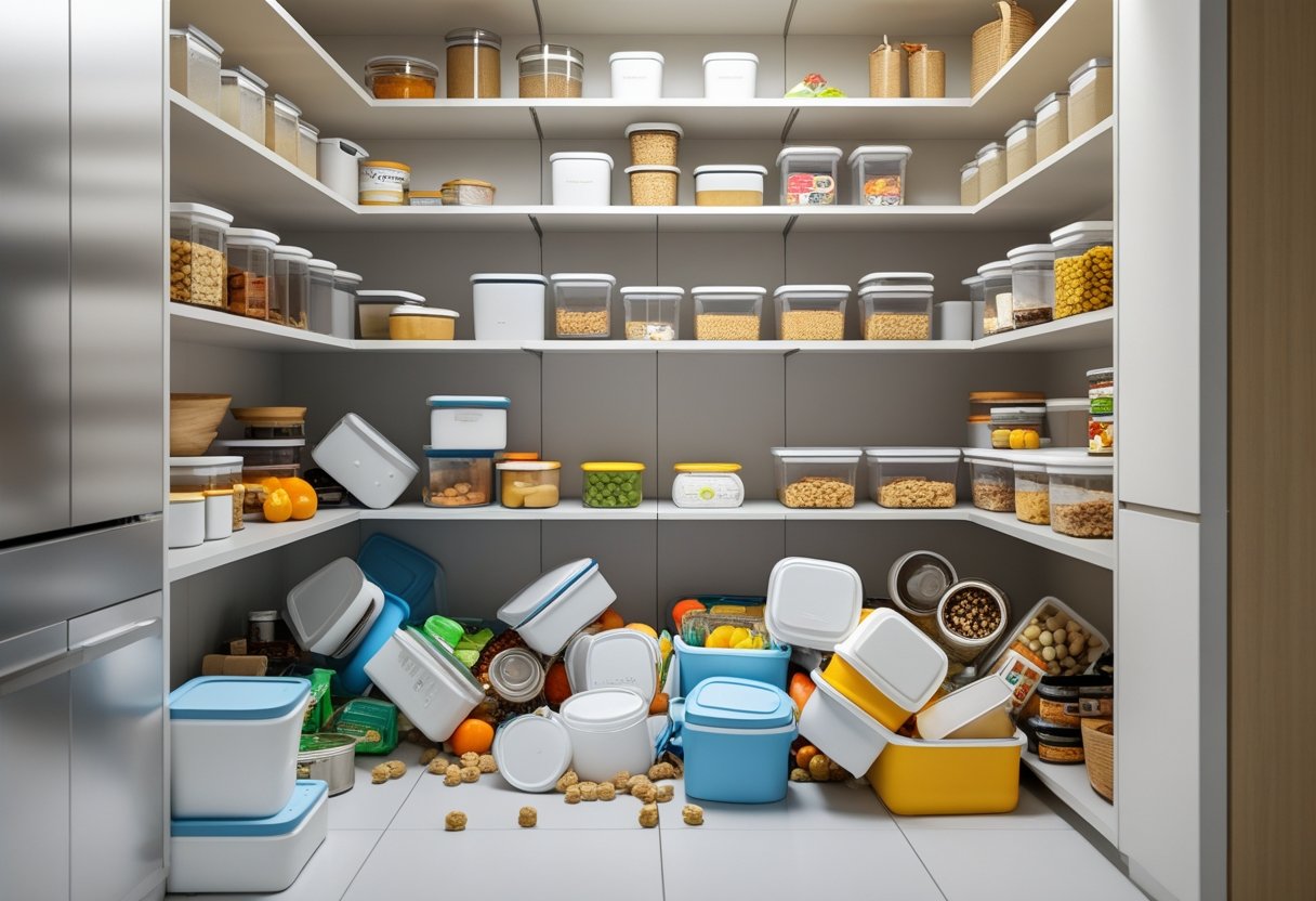 An open kitchen pantry with cluttered and disorganized shelves, showing mismatched containers and food items spilling over.