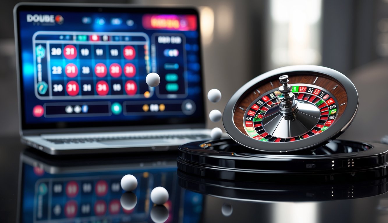 Meja roulette dengan dua bola putih berputar di roda roulette, di depan layar laptop yang menampilkan permainan roulette online.