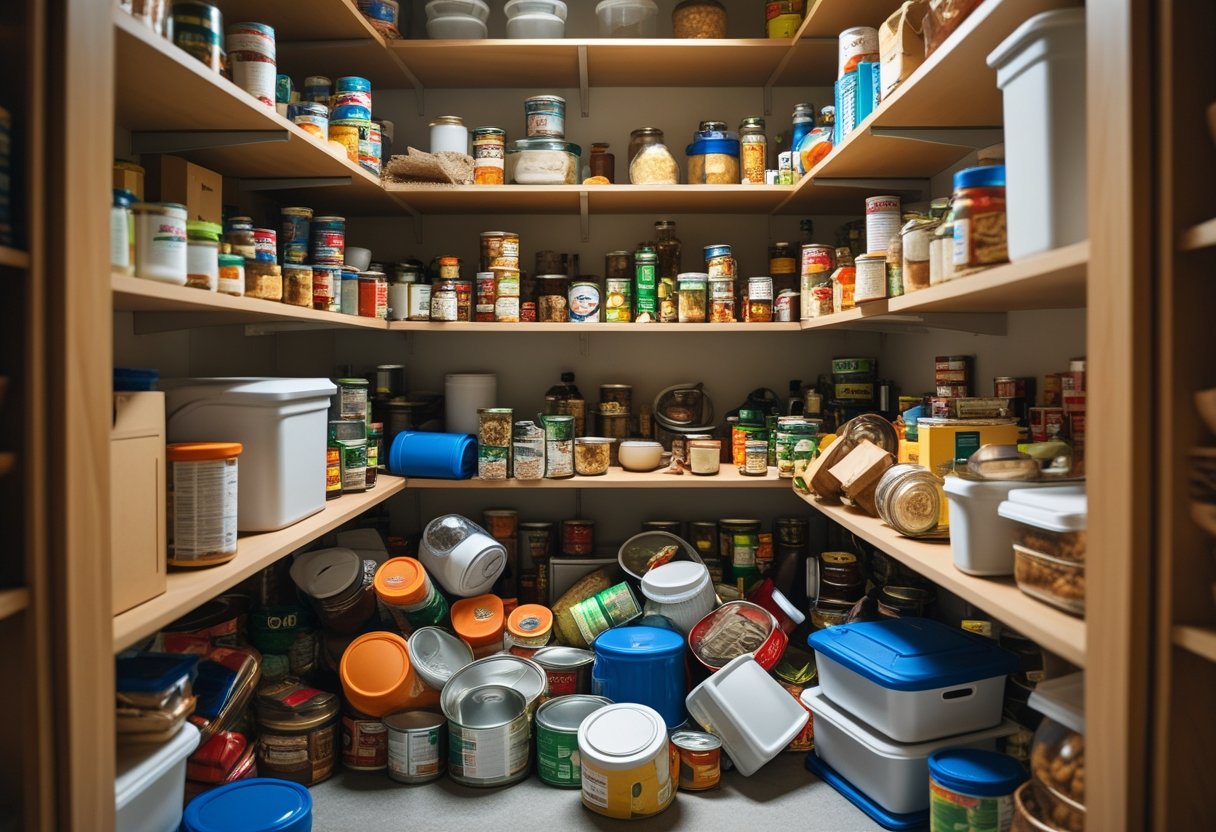 A cluttered pantry with disorganized shelves filled with various food containers and boxes, showing a messy and overflowing storage space.