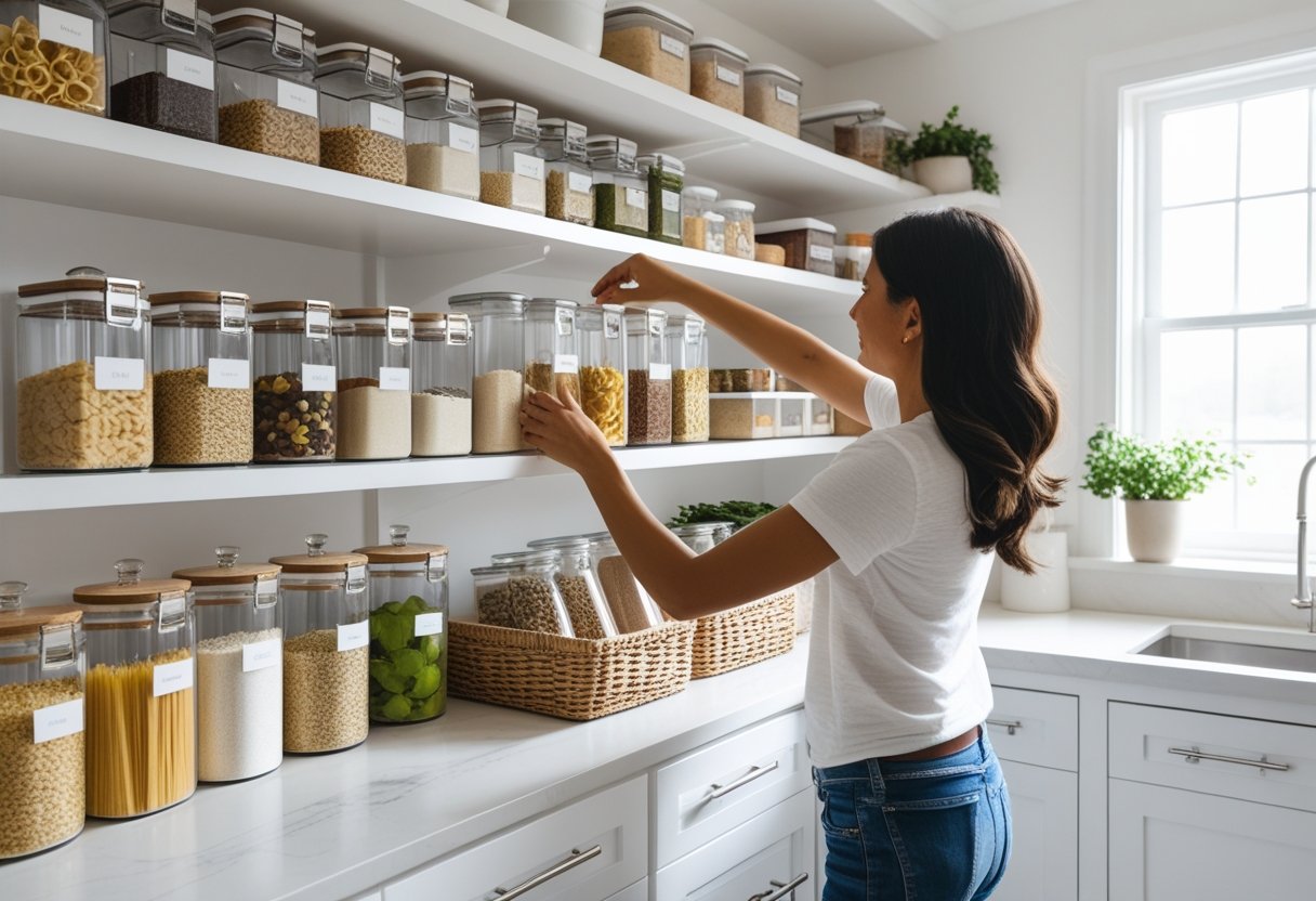 A modern kitchen pantry with neatly arranged jars and containers on shelves, and hands placing a container inside.