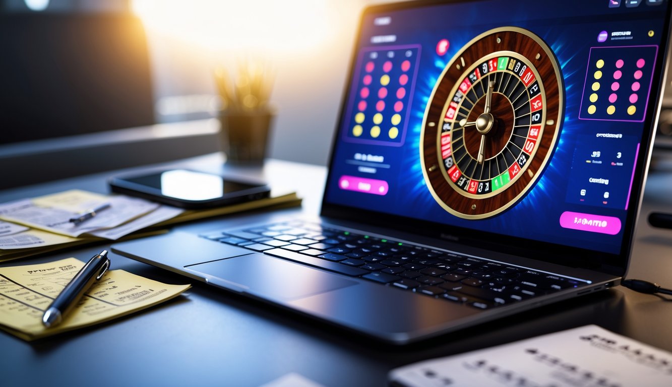 Seorang pria sedang bermain roulette online dengan dua bola di layar komputer, dikelilingi catatan dan smartphone yang menunjukkan pola taruhan.
