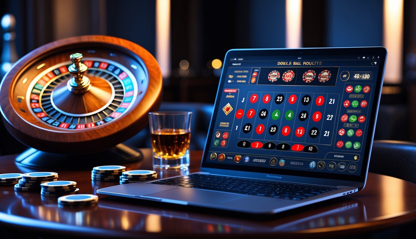 Meja kasino dengan roda roulette digital dua bola dan layar perangkat yang menampilkan pola taruhan dalam suasana ruangan yang mewah.