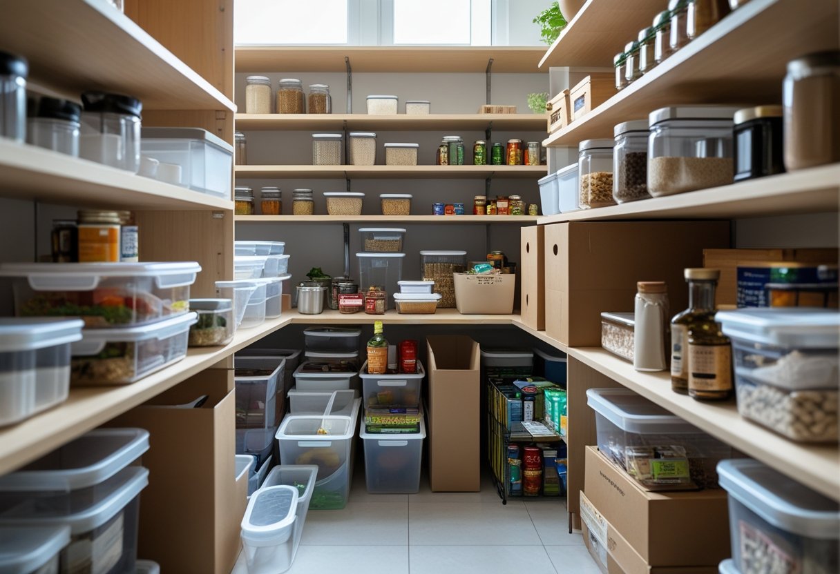 A kitchen pantry with shelves holding various containers and food items, some neatly organized and others cluttered or overflowing.