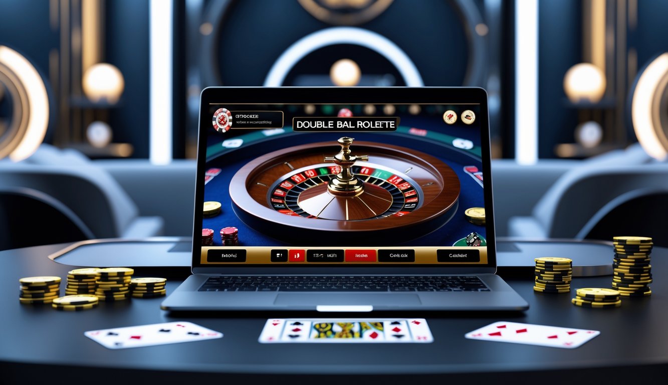 Tampilan komputer dengan permainan double ball roulette online yang menampilkan dua bola pada roda roulette di latar belakang kasino modern.