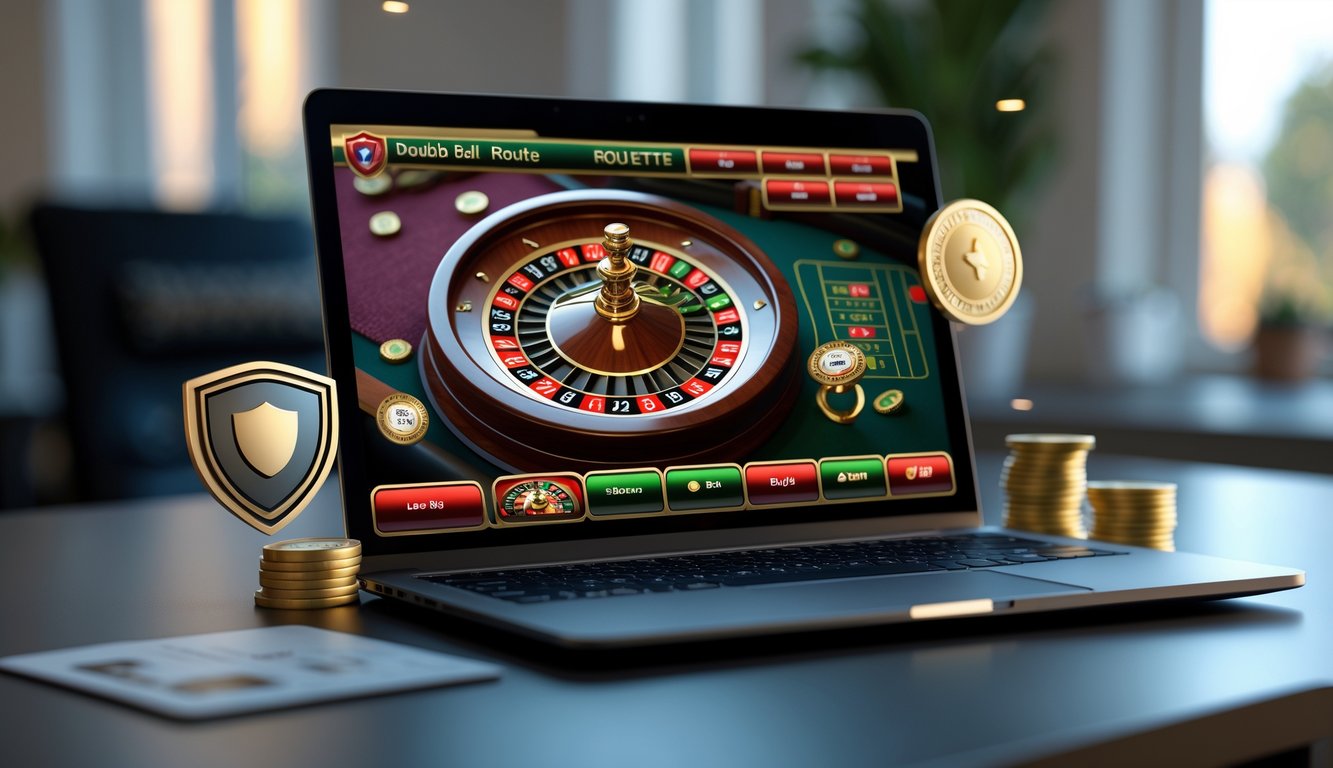 Sebuah komputer menampilkan permainan double ball roulette online dengan dua bola pada roda roulette, di meja kerja yang rapi dan pencahayaan alami.