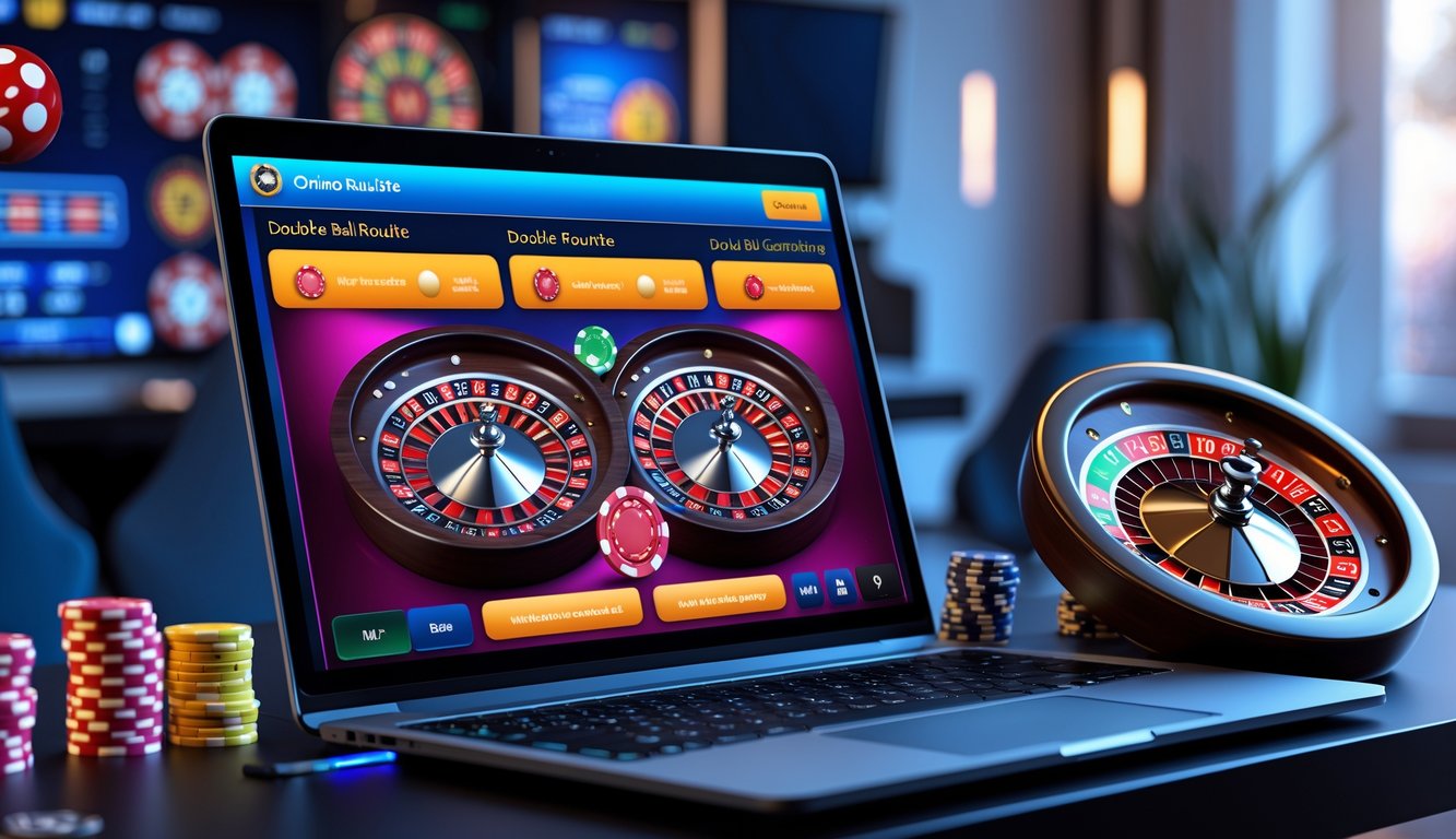 Seorang pemain sedang menggunakan komputer dengan tampilan permainan roulette online yang menampilkan dua bola pada roda roulette, dengan roda roulette satu bola terlihat di sampingnya.