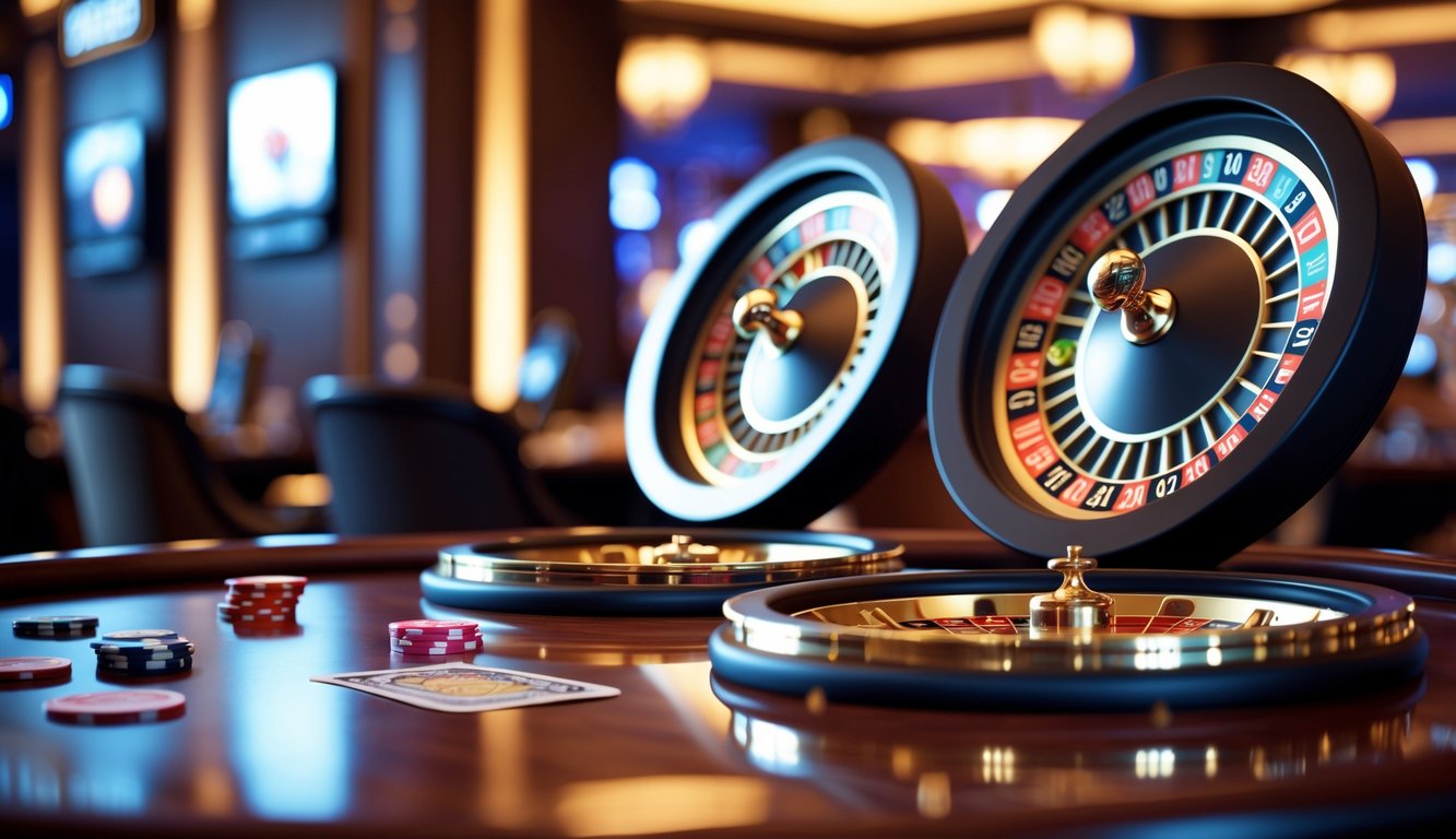 Dua roda roulette berdampingan di atas meja kasino dengan satu dan dua bola yang sedang berputar.