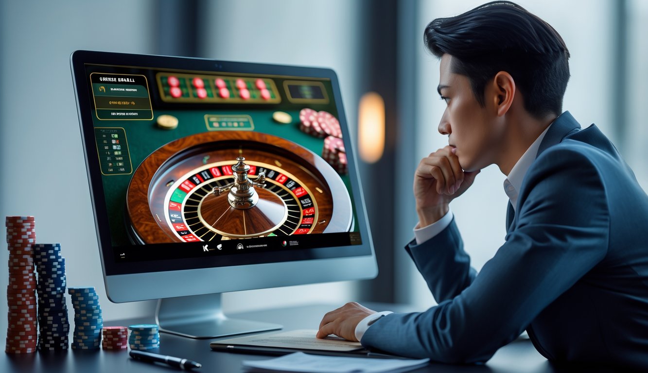 Seseorang sedang fokus mengatur modal dengan komputer yang menampilkan permainan double ball roulette online dan tumpukan chip poker di atas meja.