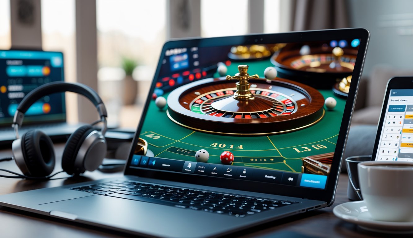 Seorang pengguna sedang bermain roulette double ball online di komputer dengan latar belakang ruang kerja modern.