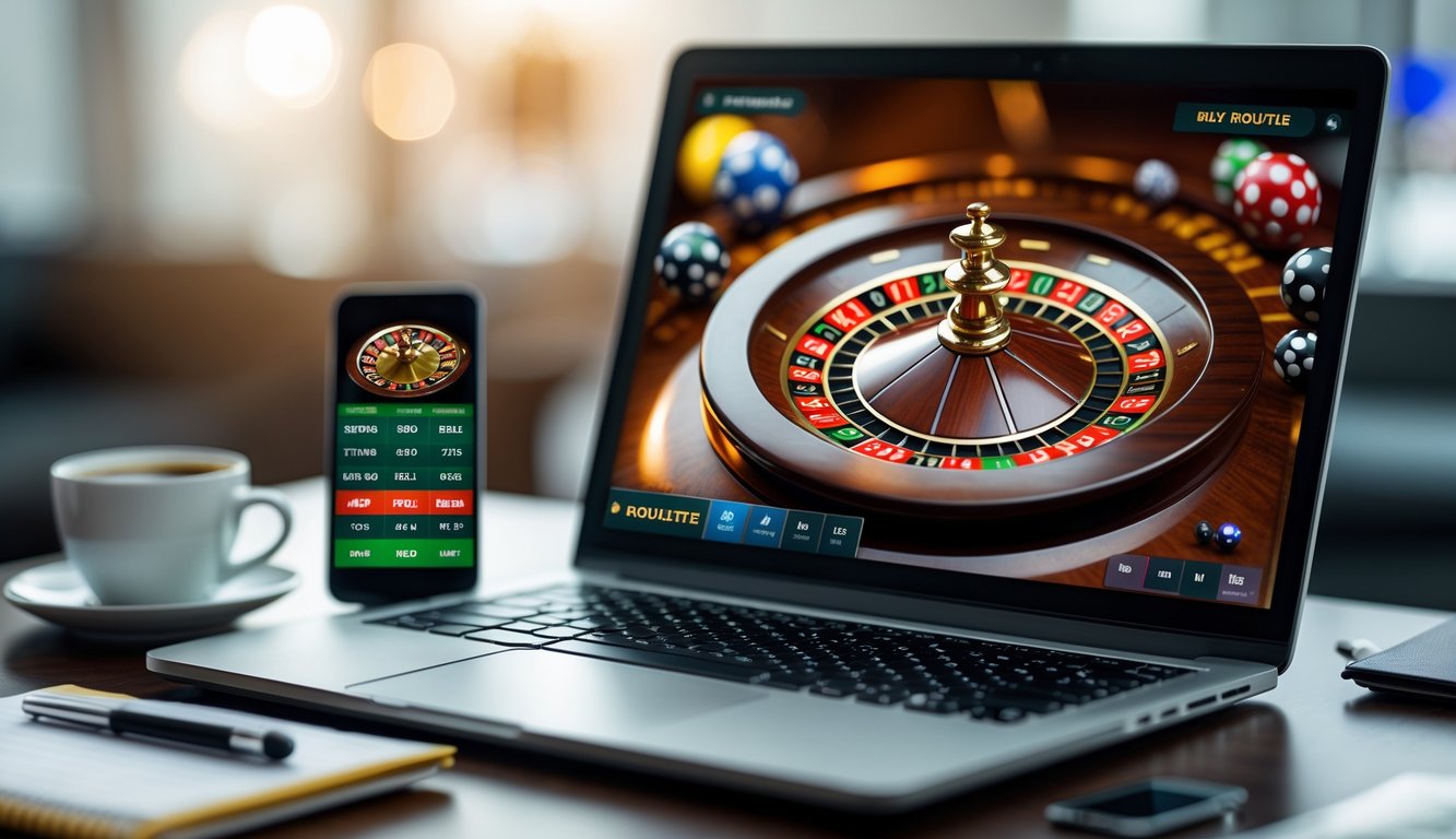 Seorang pemain sedang menggunakan laptop yang menampilkan permainan Double Ball Roulette online dengan dua bola berputar di roda roulette digital.