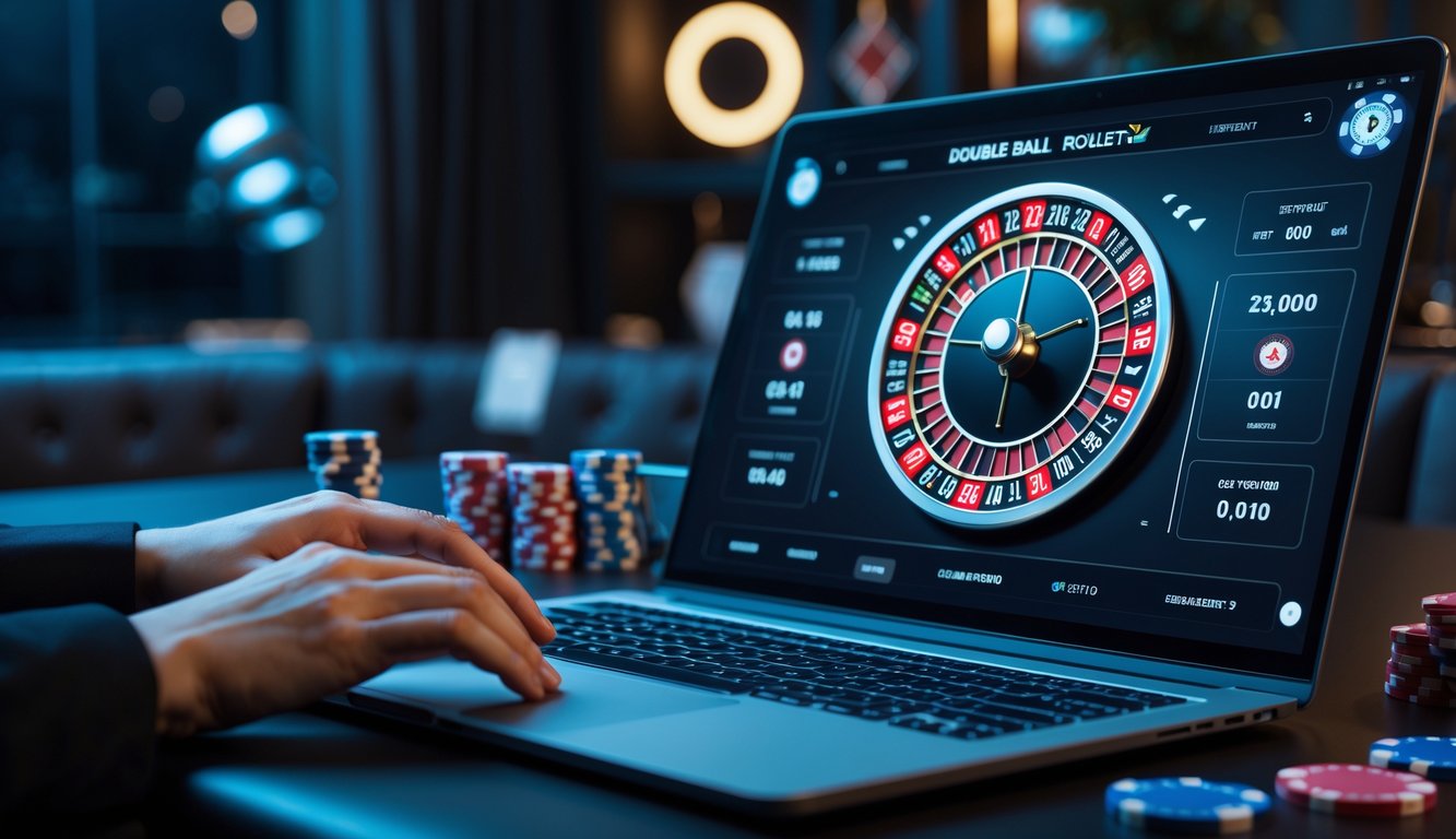 Seseorang menggunakan komputer dengan tampilan roda roulette digital yang memiliki dua bola berputar secara bersamaan.