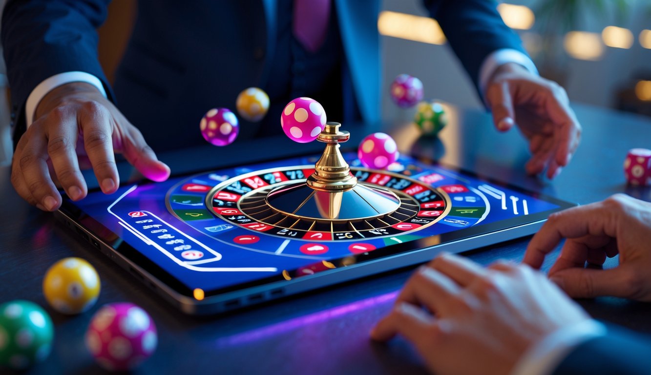 Seseorang sedang bermain roulette online dengan dua bola di layar komputer di lingkungan rumah yang nyaman.