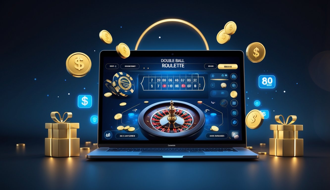 Sebuah laptop modern menampilkan permainan Double Ball Roulette dengan dua bola di roda roulette, dikelilingi oleh ikon digital yang mewakili bonus dan promosi.