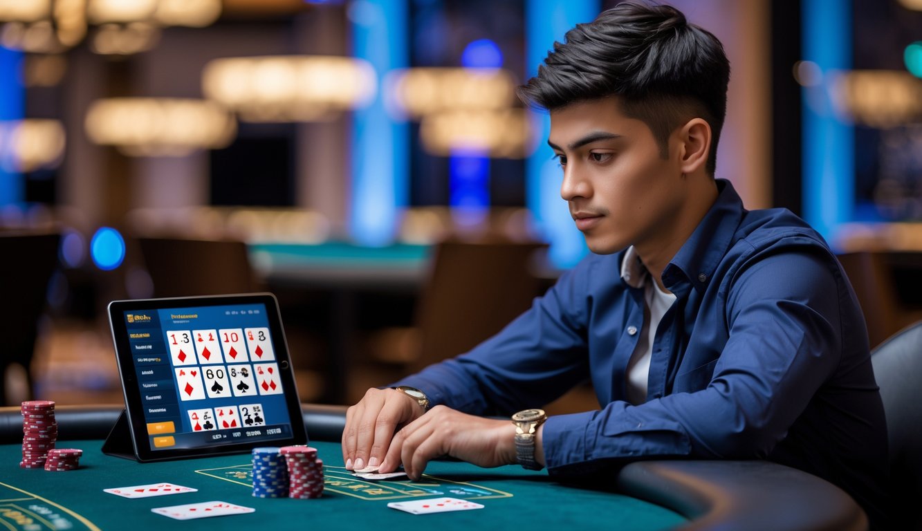 Seorang dewasa muda duduk di meja poker dengan chip dan kartu, fokus bermain poker online di lingkungan kasino modern.