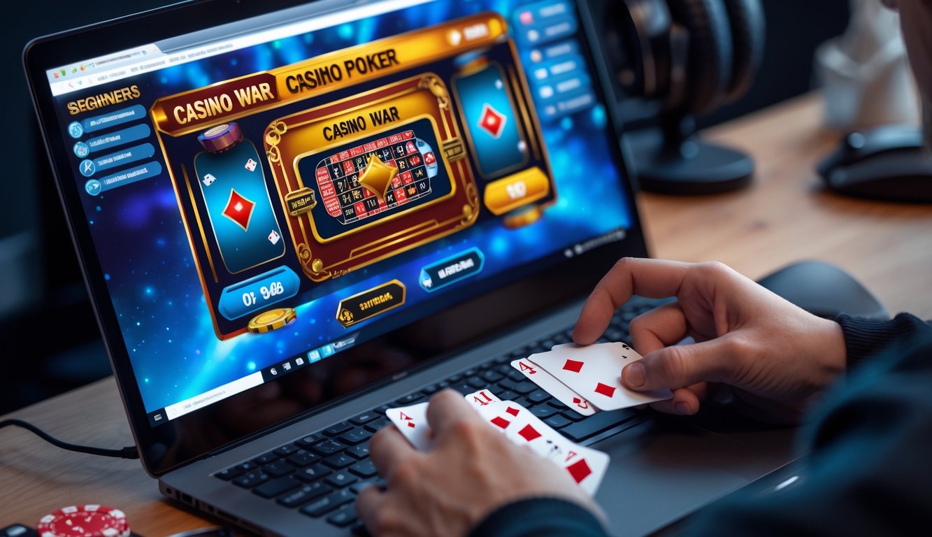 Seseorang bermain permainan Casino War Poker online di komputer dengan kartu dan chip di layar, di ruang kerja yang nyaman.