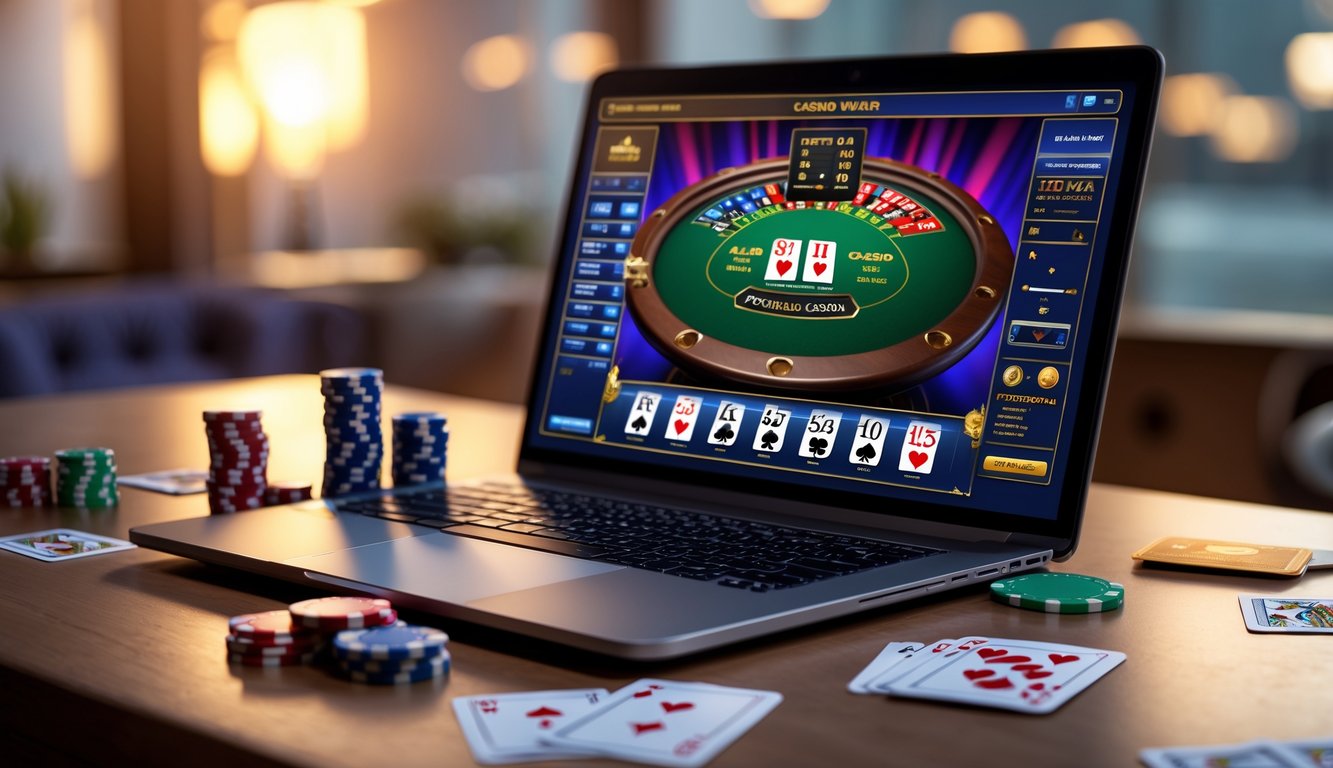 Seorang pemain menggunakan komputer dengan permainan poker online di layar, dikelilingi oleh chip poker dan kartu remi di meja.