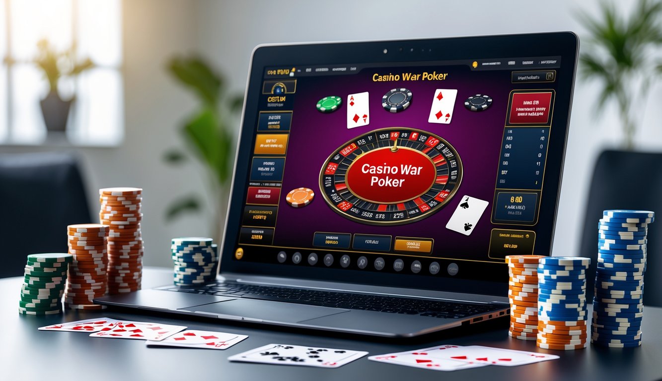 Seorang pemain sedang bermain Casino War Poker online di depan laptop dengan tumpukan chip poker dan kartu di meja.