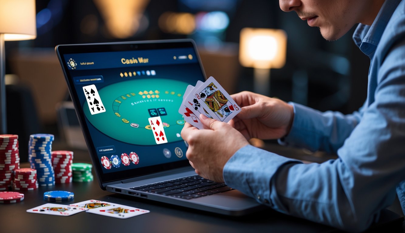 Seseorang sedang fokus membaca pola kartu di permainan Casino War Poker online dengan layar komputer dan chip poker di meja.