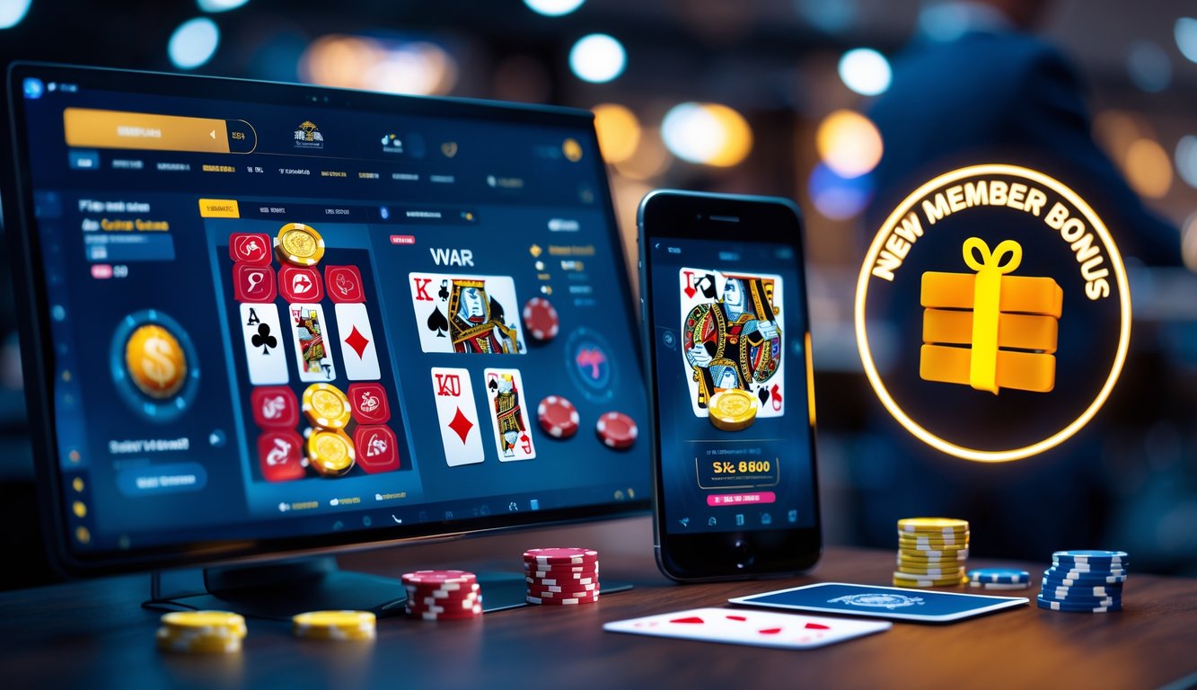 Suasana kasino online yang menampilkan komputer dan ponsel dengan kartu poker dan chip warna-warni di atas meja kayu.