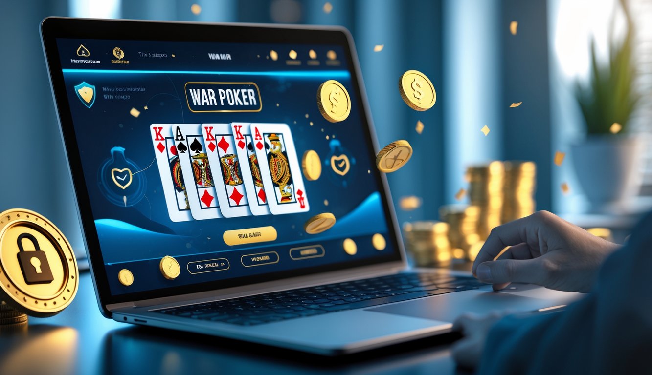Seorang pemain poker online menggunakan laptop di meja kerja dengan kartu poker dan chip, dikelilingi simbol keamanan dan bonus dalam suasana yang nyaman dan profesional.