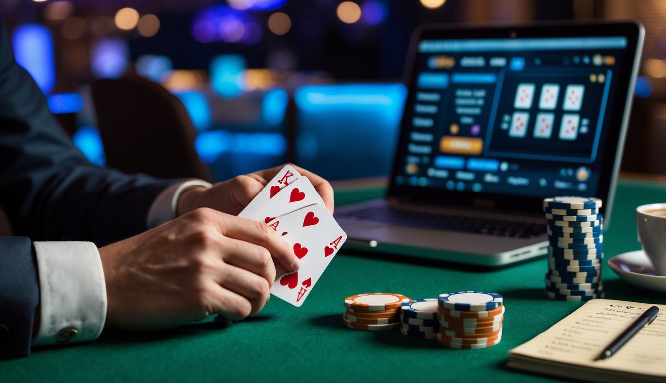 Seorang pemain poker memegang kartu di depan laptop dengan tumpukan chip di meja hijau, menunjukkan suasana bermain poker online di kasino.