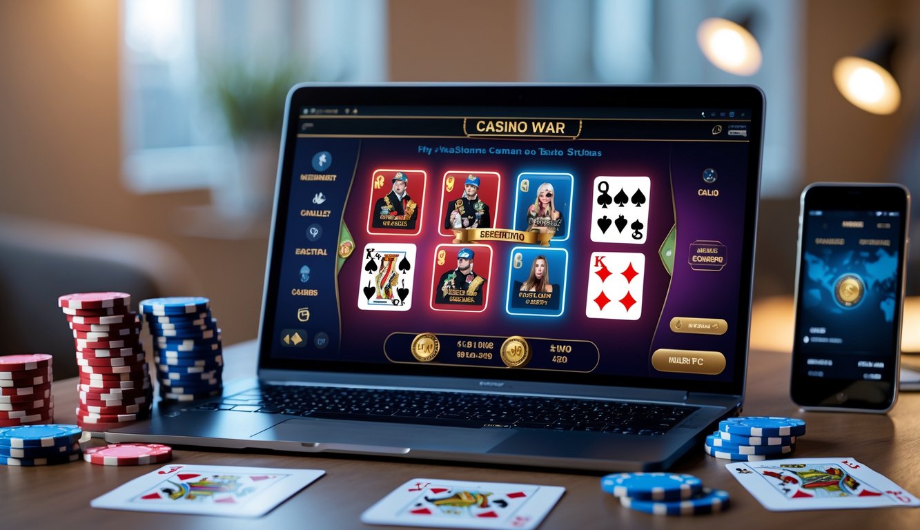 Seorang pemain duduk di depan laptop dengan kartu poker dan chip di meja, menampilkan suasana bermain Casino War Poker online.