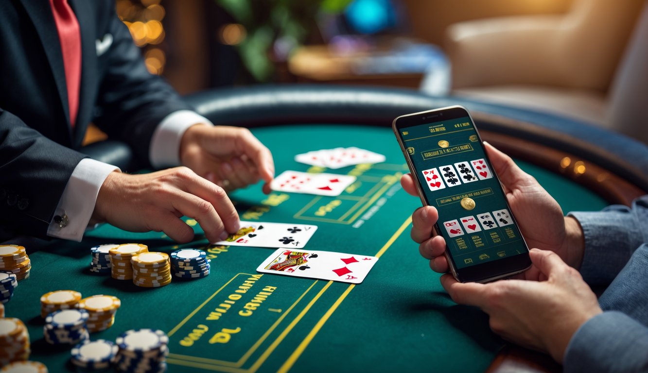 Seorang dealer membagikan kartu di meja kasino dan seseorang bermain poker online di perangkat digital di rumah.