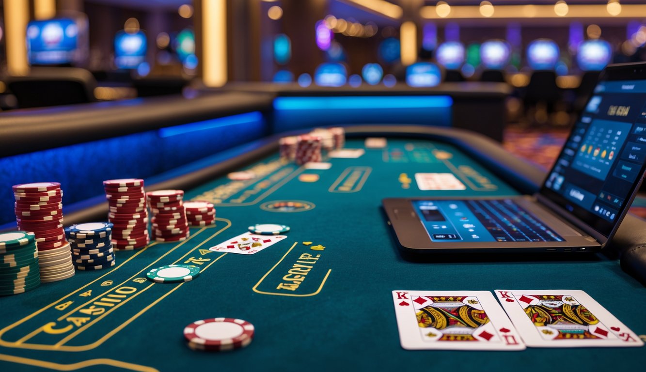 Meja kasino dengan permainan kartu Casino War dan perangkat digital menampilkan permainan poker online di sampingnya.