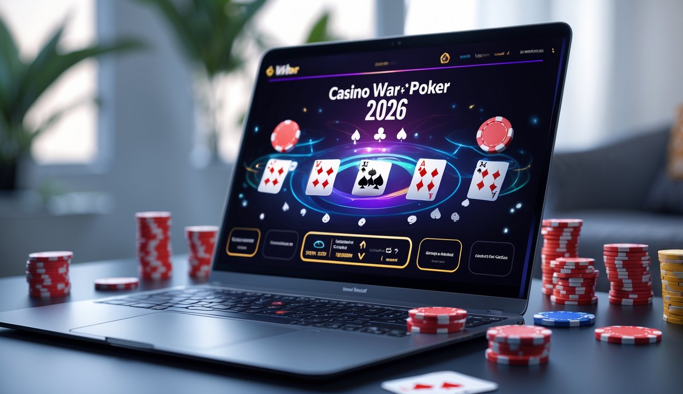 Seseorang sedang bermain poker online dengan laptop di meja yang rapi, dikelilingi oleh chip dan kartu remi.