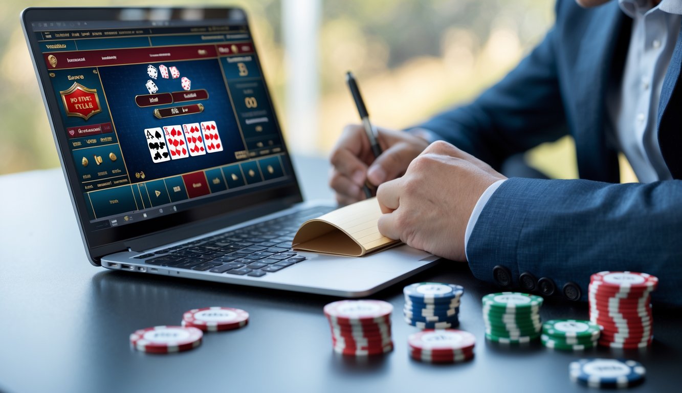 Seseorang sedang mengelola modal saat bermain poker kasino online dengan laptop dan catatan di meja.
