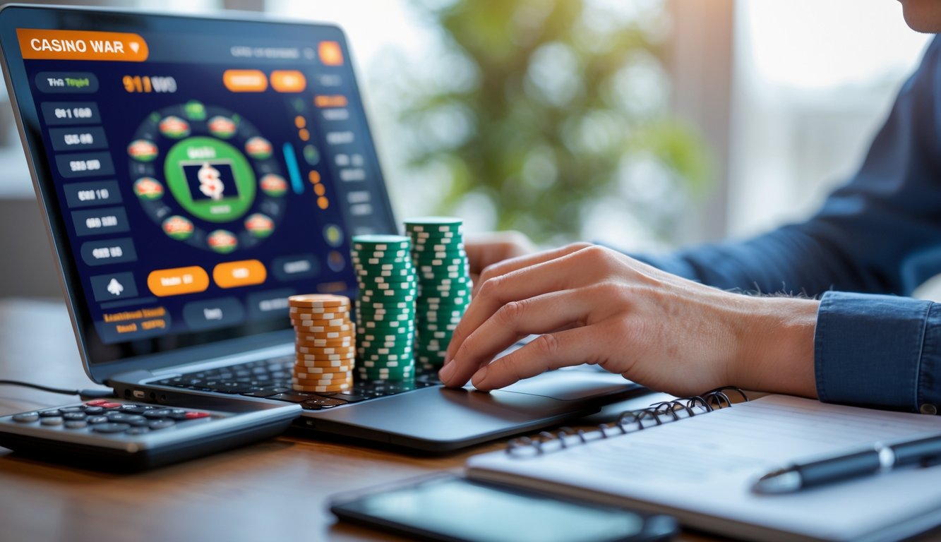 Seorang pria fokus mengelola modal saat bermain Casino War Poker online dengan laptop, chip poker, kalkulator, dan catatan di meja.