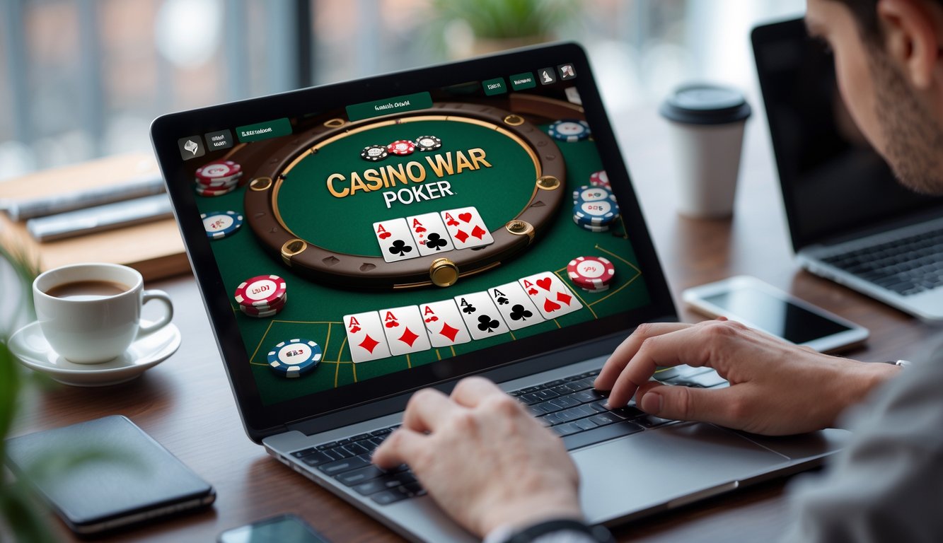 Seorang pemain sedang bermain Casino War Poker online di depan layar komputer dengan kartu dan chip poker terlihat jelas.
