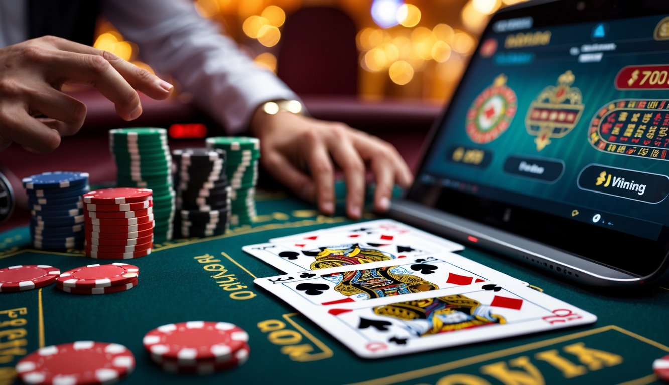 Close-up meja poker online dengan kartu dan chip, tangan pemain sedang bermain di perangkat digital.