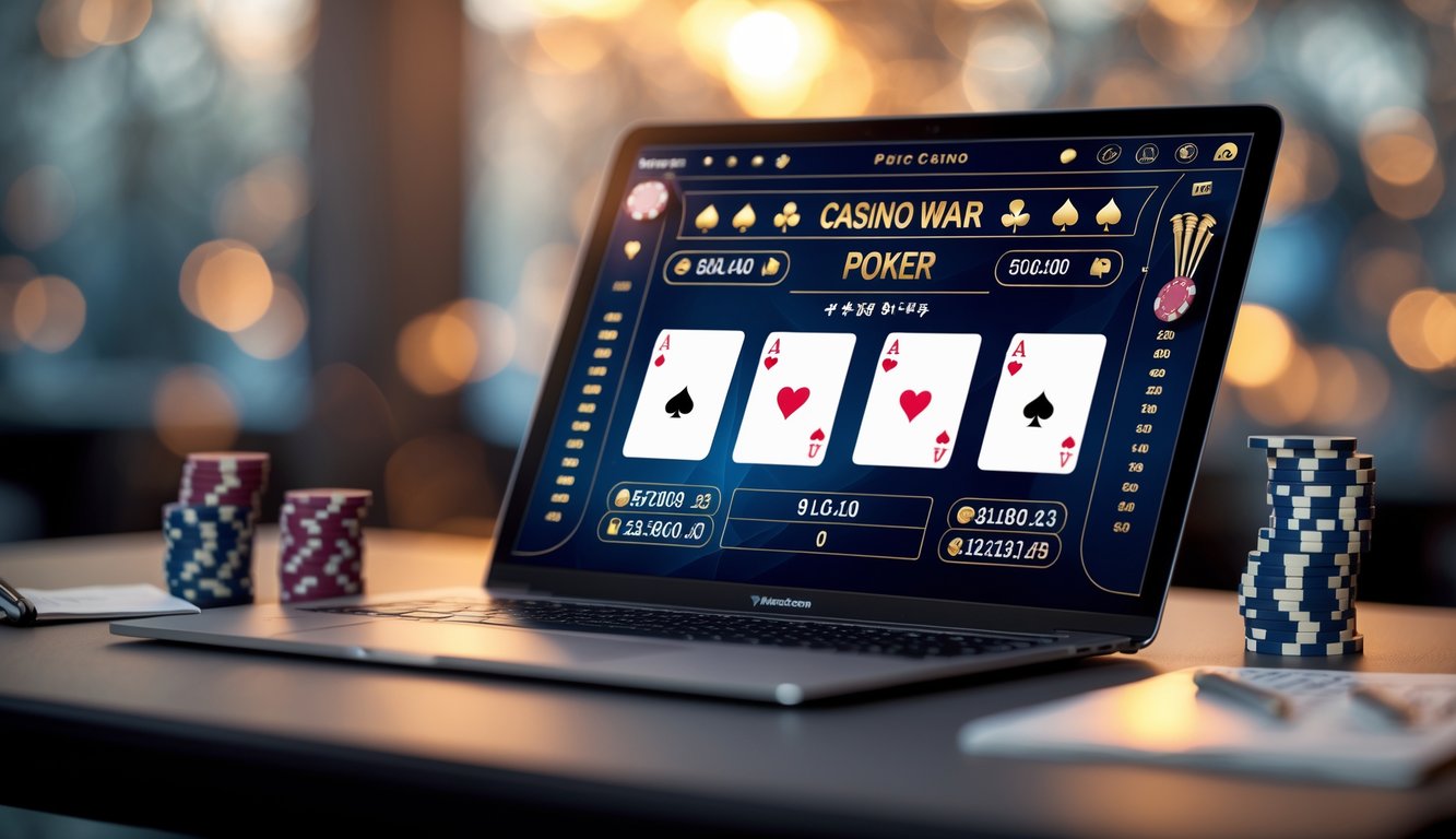Seseorang bermain Casino War Poker online di laptop dengan chip poker dan catatan strategi di meja.
