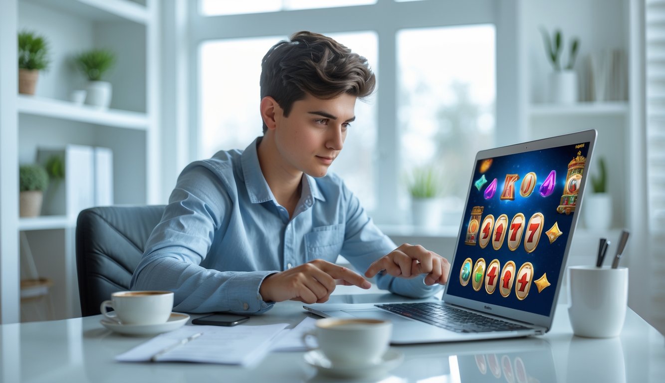 Seorang dewasa muda duduk di meja modern sambil bermain permainan slot online di laptop dengan fokus dan percaya diri.