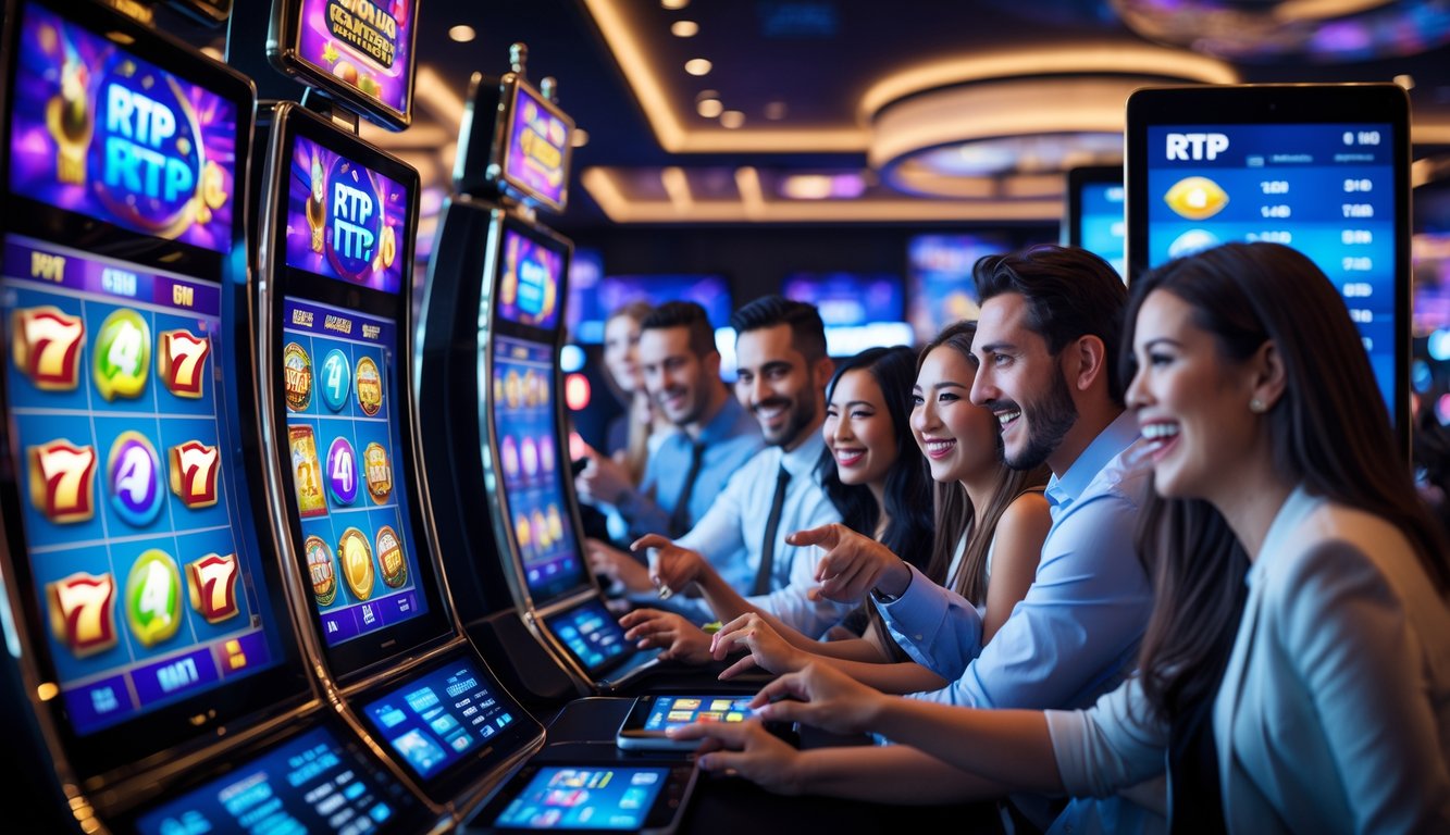 Sejumlah orang bermain mesin slot digital di ruang kasino modern dengan layar menampilkan animasi permainan dan statistik kemenangan secara langsung.