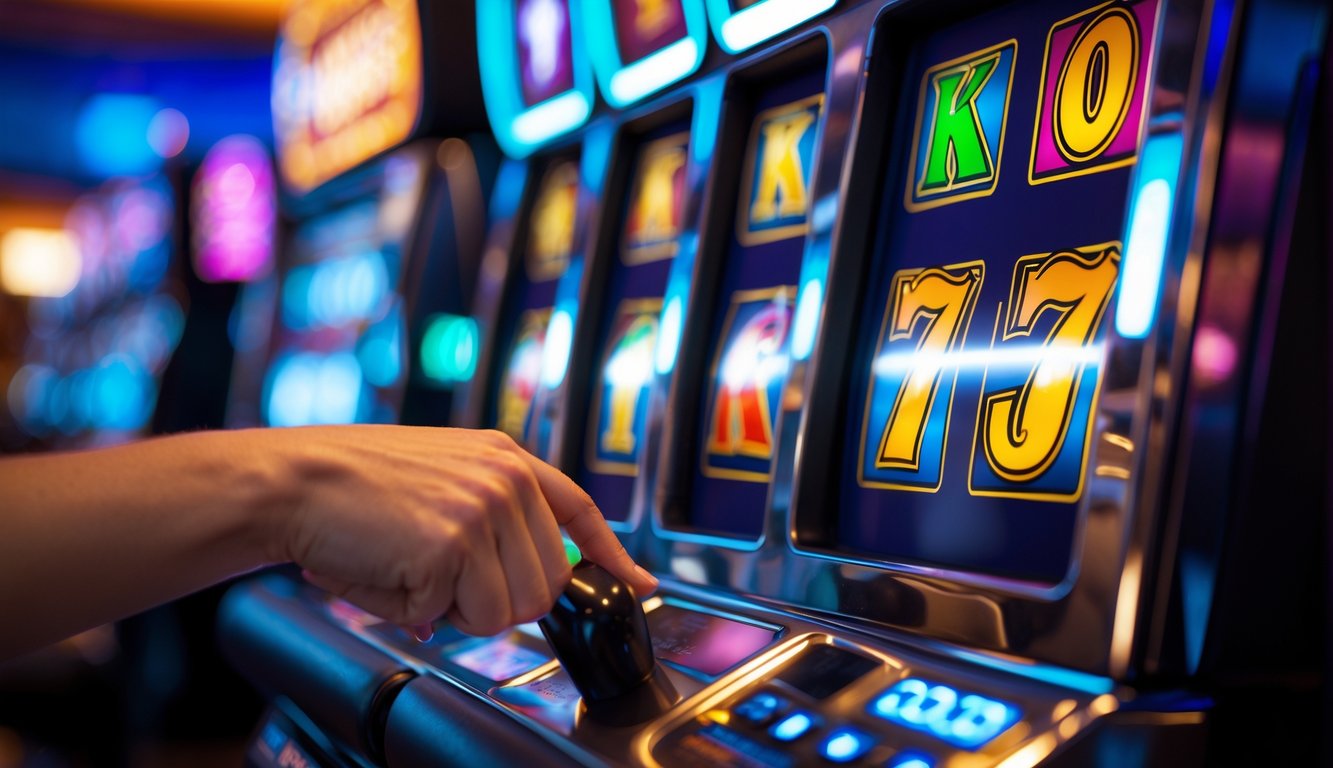 Tangan yang sedang bermain mesin slot dengan simbol warna-warni di layar mesin slot di latar belakang kasino.